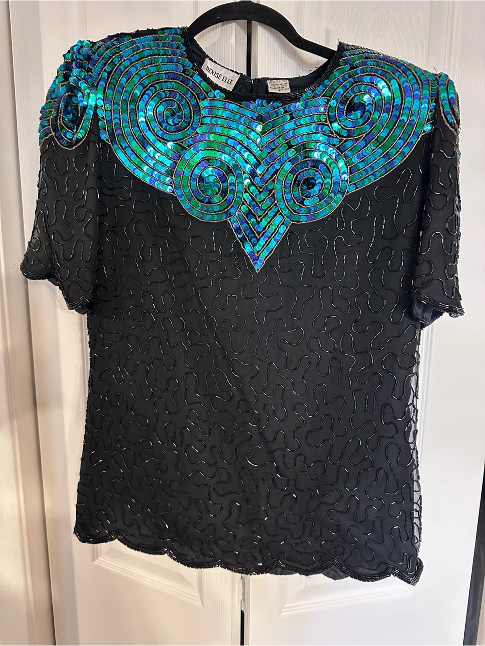 Vintage Black Beaded Cocktail Top with Iridescent Blue-Green Sequin Collar SizeS